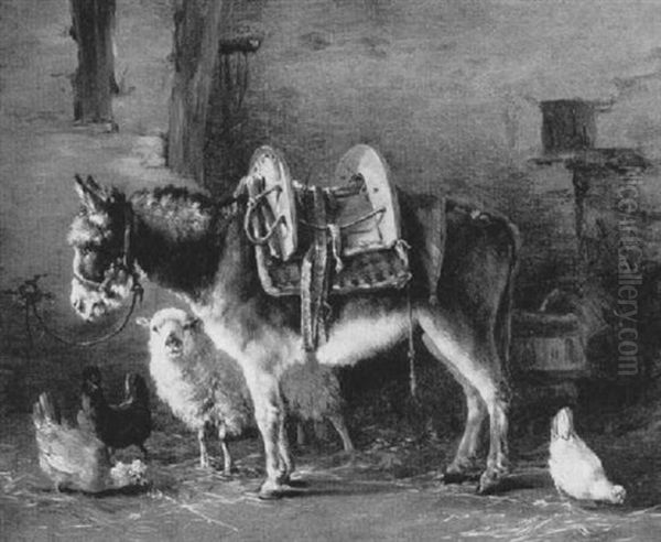 Barn Interior With A Donkey And Other Animals - view 1