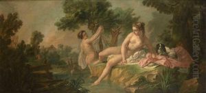 Deux Nymphes Et Leur Chien Pres D'un Plan D'eau by Jean Baptiste Huet