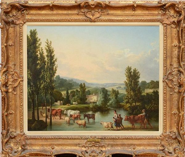 A Shepherd And His Family With Their Livestock Fording A Stream In An Extensive Landscape - view 1