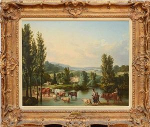 A Shepherd And His Family With Their Livestock Fording A Stream In An Extensive Landscape