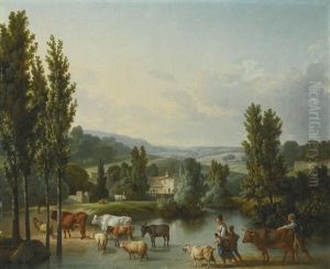 A Shepherd And His Family With Their Livestock Fording A Stream In An Extensive Landscape by Jean Baptiste Huet