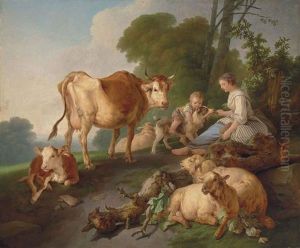 A Shepherdess And A Boy With Cattle And Sheep In A Wooded Landscape by Jean Baptiste Huet