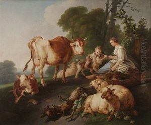 Shepherd With Sheeps And Cows by Jean Baptiste Huet