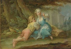 A Young Boy And Girl Admiring A Butterfly In A Classical Garden
