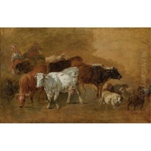 Cattle And Sheep Driven By Peasants by Jean Baptiste Huet