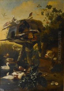 A Chaffinch, Doves And Waterfowl In A Landscape With A Dog In Its Kennel