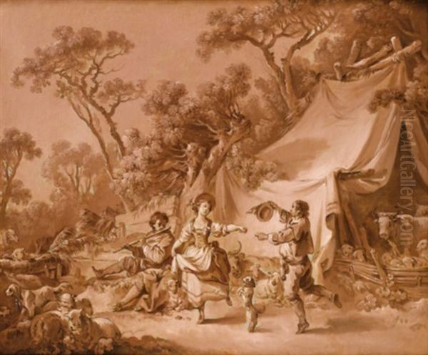 Jeune Couple Dansant Dans Une Foret (+ Bergeres Et Musicien Se Reposant Pres D'une Fontaine; Pair) - view 1