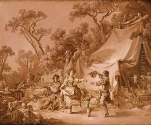 Jeune Couple Dansant Dans Une Foret (+ Bergeres Et Musicien Se Reposant Pres D'une Fontaine; Pair) by Jean Baptiste Huet