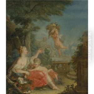 A Shepherdess In A Landscape With A Putto Holding A Basket Of Flowers