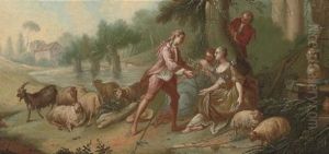 An Amorous Couple In A Garden (+ A Shepherd With His Flock Courting Two Ladies; Pair) by Jean Baptiste Huet