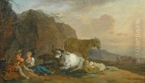 Bukolische Landschaft In Der Abendsonne by Jean Baptiste Huet