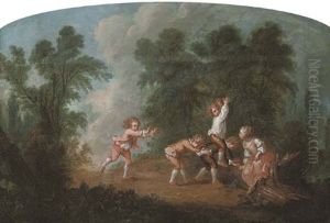 A Wooded River Landscape With Women Bathing (+ A Wooded Landscape With Children Playing Leap-frog; Pair) by Jean Baptiste Huet