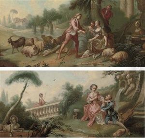 An Amorous Couple In A Garden (+ A Shepherd With His Flock Courting Two Ladies; Pair)
