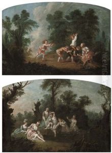 A Wooded River Landscape With Women Bathing (+ A Wooded Landscape With Children Playing Leap-frog; Pair) by Jean Baptiste Huet