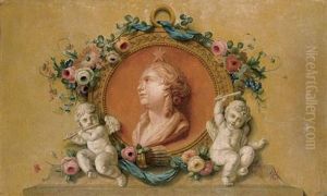 Allegorie De L'aurore Dans Un Medaillon Decore De Guirlandes De Fleurs Et Entoure De Deux Putti Musiciens by Jean Baptiste Huet