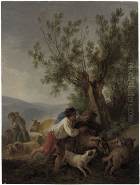 Der Durchgehende Esel: Eine Schaferfamilie Mit Ihrem Vieh In Einer Landschaft - view 1