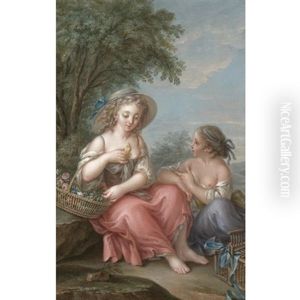 Two Young Girls Sitting In A Landscape With A Pet Canary
