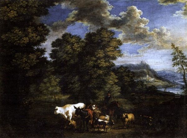 An Extensive Wooded River Landscape With A Driver And His Herd In The Foreground - view 1