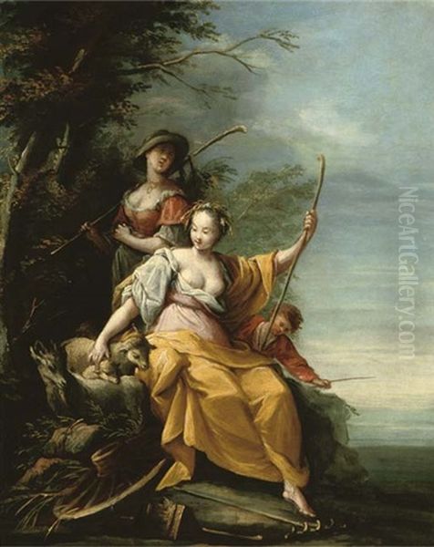 Two Shepherdesses And A Peasant Boy With Sheep In A Wooded Landscape - view 1