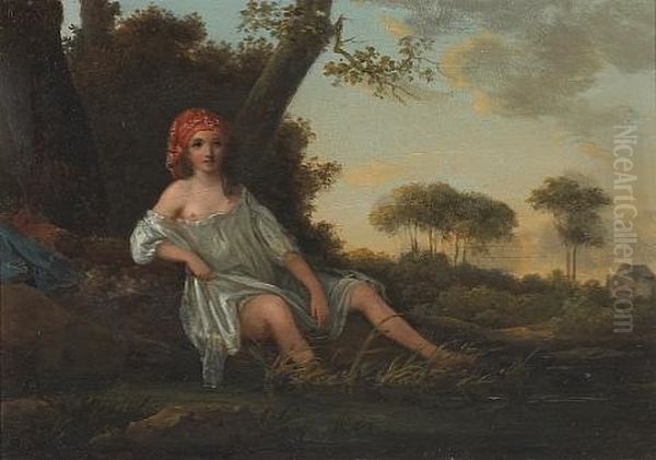 A Girl Resting By A Pond With A Farmhouse Beyond - view 1