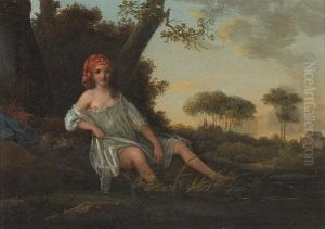 A Girl Resting By A Pond With A Farmhouse Beyond by Jean Baptiste Huet