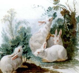 A Study Of Four Rabbits In A Landscape by Jean Baptiste Huet
