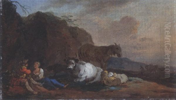 Hirtenpaar Mit Kuhen Und Schafen In Der Landschaft - view 1