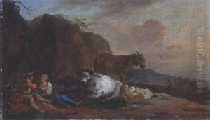 Hirtenpaar Mit Kuhen Und Schafen In Der Landschaft