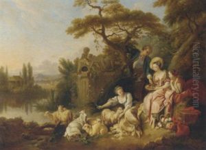 A Pastoral River Landscape With A Shepherd And Shepherdesses