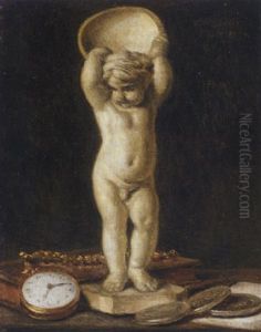 A Still Life With A Marble Putto Holding A Bowl Together With A Watch, A Book, And Three Coins by Jean Baptiste Huet