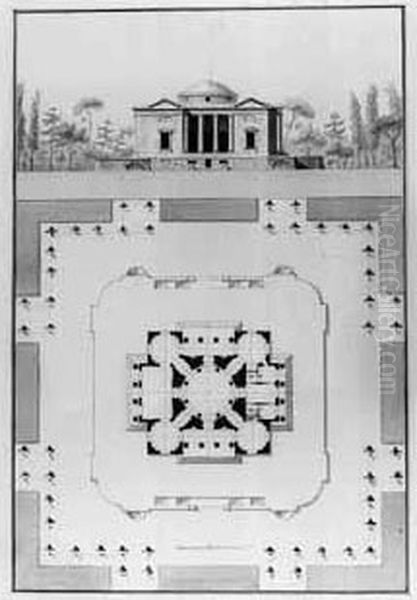 Plan Et Coupe D'un Pavillon D'inspiration Palladienne Au Milieu D'un Parc - view 1