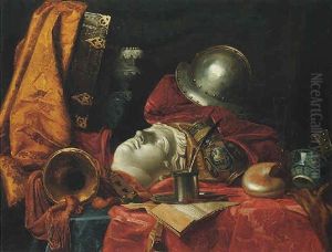 Still Life With A Helmet, Trumpet, Shell, Stoneware Vase, Blue-and-white Porcelain Bowl And Wineglass by Jean Baptiste Huet