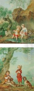 A Boy And Girl Seated By The Edge Of A Pond With A Dog