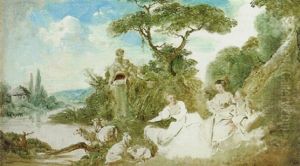Schaferszene Bei Einem Brunnen In Einer Bewaldeten Fluslandschaft by Jean Baptiste Huet