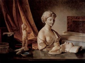 A Still Life With Pieces Of Sculpture, Bowls, Quill Pens, And Other Objects, All On A Table With A Draped Curtain Behind