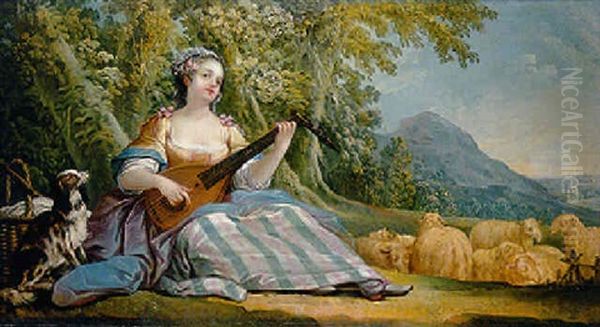 A Shepherdess Playing A Mandolin In A Mountainous Landscape - view 1