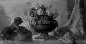 Nature Morte Au Bouquet De Fleurs, Instruments De Musique Et Singe by Jean Baptiste Huet