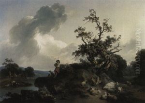 Paysage De Riviere Avec Un Jeune Berger Se Rafraochissant...