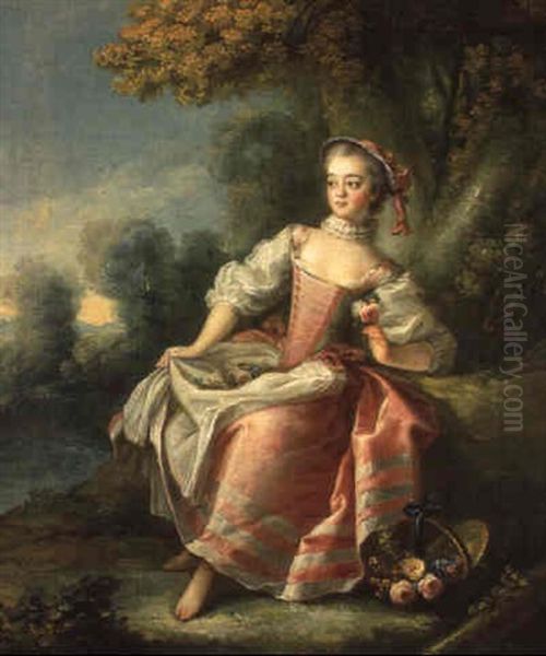 Jeune Fille Assise Dans Un Paysage Avec Un Panier De Roses - view 1