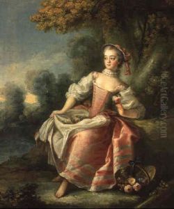 Jeune Fille Assise Dans Un Paysage Avec Un Panier De Roses
