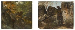 Les Rochers Du Calvaire En Foret De Fontainebleau (2 Works) by Paul Huet