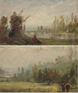 Vue De Fontenay-aux-roses (+ Un Paysage Avec Un Pont Enjambant Une Riviere Et Des Figures Au Premier Plan; 2 Works) by Paul Huet