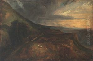 Souvenir D'auvergne, Soleil Couchant Dans Les Montagnes by Paul Huet