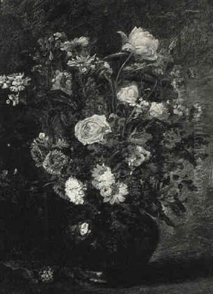 Bouquet Dans Un Vase Bleu - Roses Et Chrysanthemes - view 1
