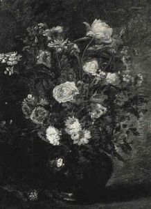 Bouquet Dans Un Vase Bleu - Roses Et Chrysanthemes by Paul Huet