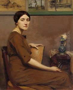 Portrait Of A Lady Artist Seated In An Interior, Holding A Drawing Board by Rene Ernest Huet