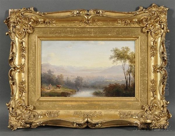 Valley Vista With Foreground Peasants And Cattle By A Stream - view 1