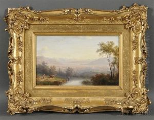 Valley Vista With Foreground Peasants And Cattle By A Stream by Claude Sebastien Hugard De La Tour