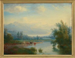 Vaches S'abreuvant Dans Un Paysage De Montagne