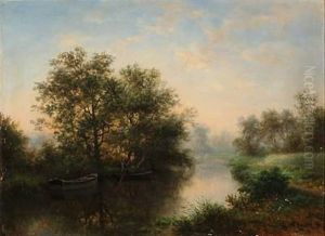 Forest Scene With A Man In A Rowing Boat by Claude Sebastien Hugard De La Tour